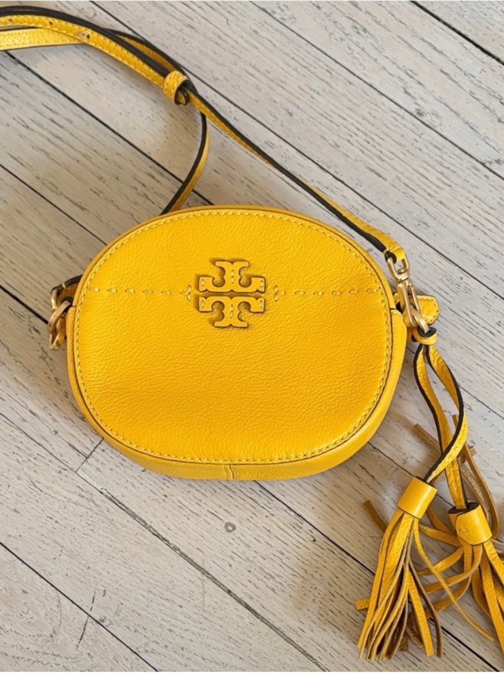Tory Burch Bright Yellow Pebbled Leather Crossbody with Tassel